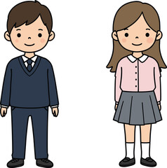 Cartoon boy and girl in school uniform standing, smiling, educational concept, formal student outfit, isolated white background, cute illustration