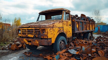 Rusty, abandoned truck amidst scrap metal