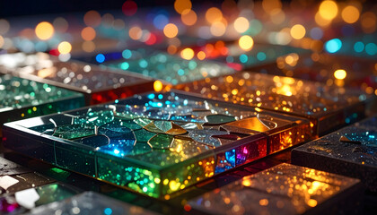 Obraz premium Sparkling Jewels and Reflections: Intricate arrangement of radiant, colorful glass tiles create an abstract composition, catching and refracting light.