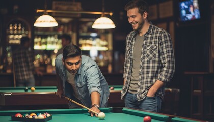 Friends enjoying a game of pool in a cozy bar setting