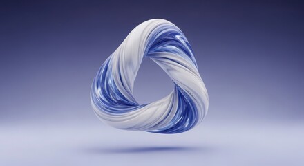 A threedimensional twisted loop, resembling a mobius strip, with a swirling blue and white texture against a solid background