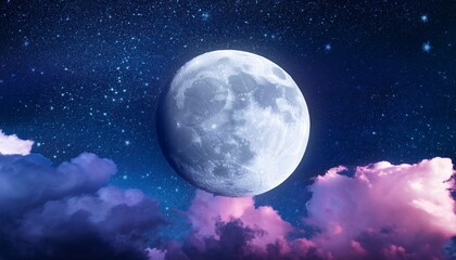 Full Moon Against A Black Sky Surrounded By Pink White And Blue Clouds And Twinkling Stars In An Eye Level Wide Shot