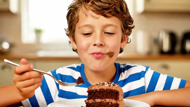 Delighting in sweet moments as a boy savors chocolate cake in cozy kitchen