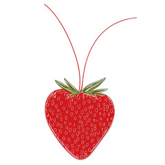 Ripe red strawberry with green calyx and long stem, fresh summer fruit with cheerful appeal