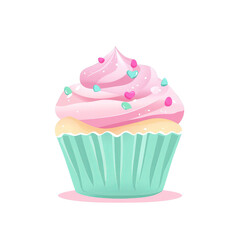 Pink cupcake with swirled frosting and heart sprinkles evoking cheerful celebration and sweet indulgence