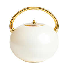 Elegant white ceramic teapot with gold handle and lid, glossy surface reflecting light, luxurious kitchen accessory
