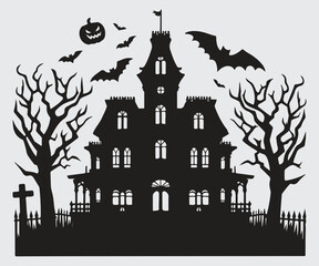 Scary Halloween mansions, vector silhouette