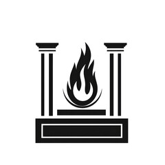 Ancient altar with stylized flame and stone pillars, dramatic ceremonial scene, evocative atmosphere