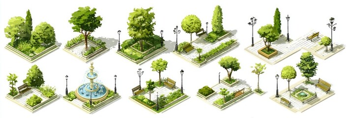 Isometric city park designs.  Various park layouts, featuring trees, shrubs, benches, and a fountain, presented in a grid format.  Light-green foliage, light-colored paths and structures.