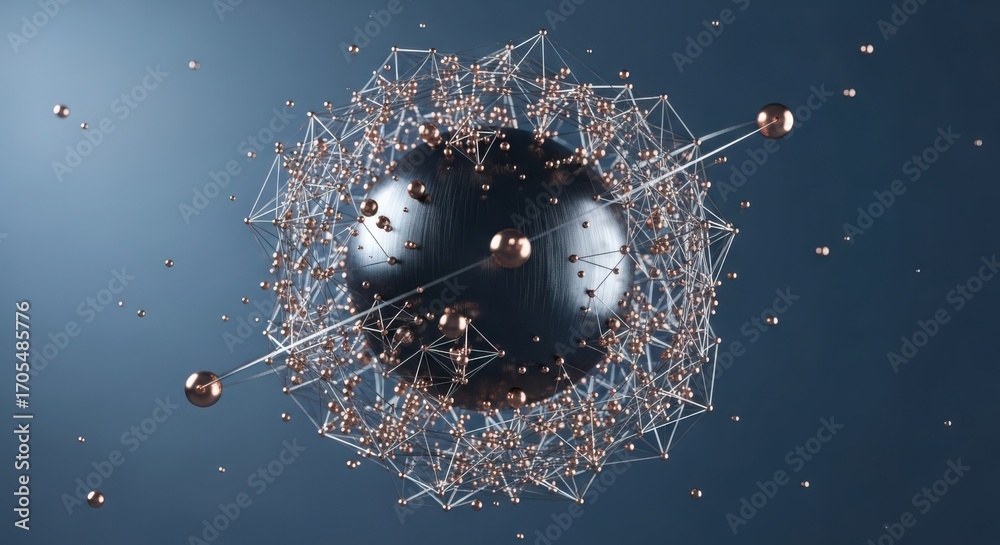 Wall mural abstract 3d render of a complex molecular structure with a central dark sphere and orbiting elements