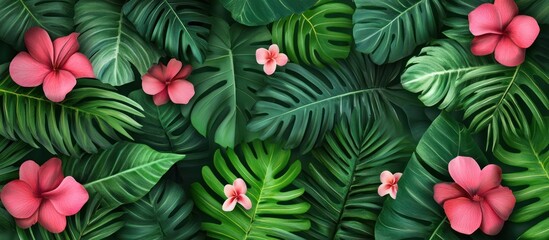 Tropical Green Leaves and Pink Flowers Lush Jungle Background