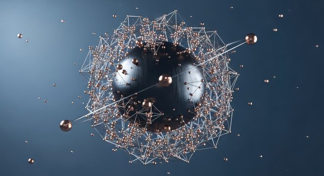 Abstract 3d render of a complex molecular structure with a central dark sphere and orbiting elements