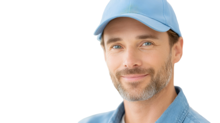 Friendly man smiling with a blue cap and denim shirt against a transparent background, showcasing warmth and approachability for diverse contexts