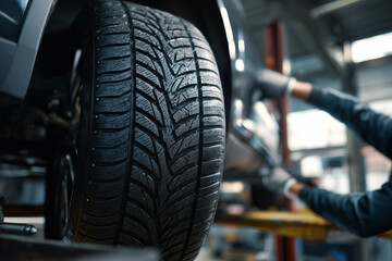 Fototapeta premium Neatly Stacked Winter Car Tires in Clean Storage Room, Organized Metal Racks, Soft Ambient Light, High Detail, Realistic Photo with Copy Space for Seasonal Tire Change