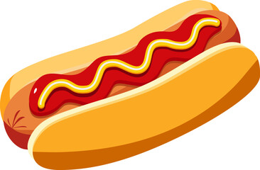 Delicious hot dog illustration with bun, sausage and toppings, fast food concept on white background.