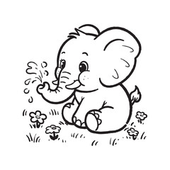 A black and white line art illustration of a playful baby elephant joyfully.
