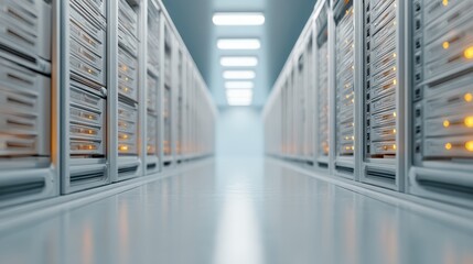 Sleek data center featuring networked servers processing, storing digital information, supporting cutting edge artificial intelligence and machine learning technologies
