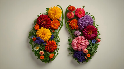 Floral human kidneys made of vibrant flowers and leaves on a neutral background, symbolizing vitality, health, and nature in an artistic medical-botanical concept.