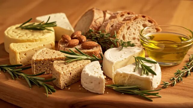 Rustic cheese platter with assorted cheeses, fresh rosemary, almonds, and crusty bread on a wooden board, accompanied by a small bowl of olive oil, captured in warm natural light, perfect for