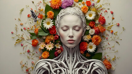 Floral female human figure made of vibrant flowers and leaves on a neutral background, symbolizing life, nature, health, and artistic botanical anatomy.