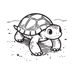  A black and white line art illustration of a tiny baby turtle slowly crawling across a sandy surface.