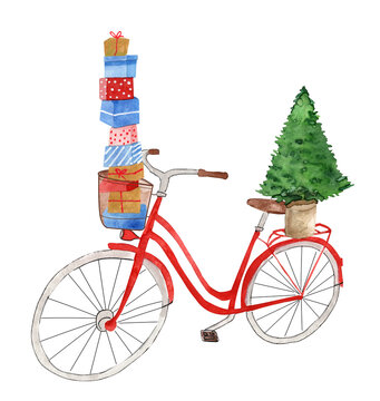 Watercolor illustration of red bicycle with Christmas tree and presents
