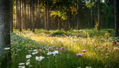 Obraz premium Enchanting Wildflower Meadow On The Forest S Fringe Nature S Harmonious Border Of Blooms And Trees