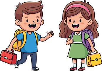 Cartoon boy and girl with backpacks going to school, smiling children carrying schoolbags, cute students ready for class education.