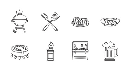 Collection of barbecue and grilling equipment icons in a simple silhouette style