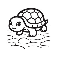  A black and white line art illustration of a tiny baby turtle slowly crawling across a sandy surface.