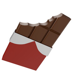 3d render Biting marks on a chocolate bar in red wrapper, symbolizing sweet snack, sugar craving, dessert temptation, or unhealthy eating habit