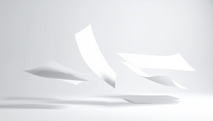 Floating White Sheets of Paper in a Bright Studio Environment with Soft Shadows and Neutral Background