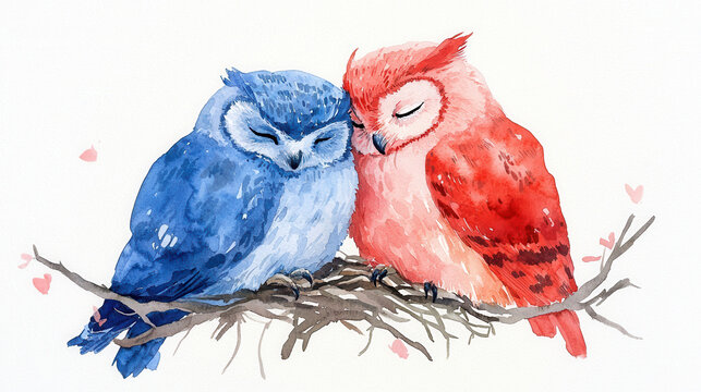 Two colorful owls, one blue and one red, nestled together in nest, surrounded by soft hearts, conveying warmth and affection