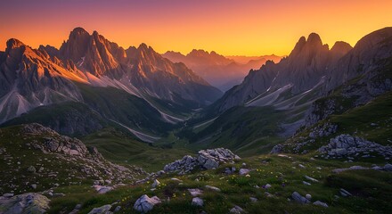 Vibrant mountain landscape under orange sun, natural beauty