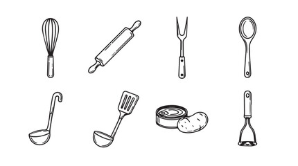 Collection of hand drawn kitchen utensils and cooking tools silhouette