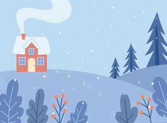 Winter Snowy House Landscape with Trees and Falling Snow Illustration
