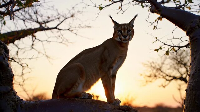 Majestic caracal cat sits silhouetted against vibrant sunset in wild nature landscape. Wild animal, feline predator, sunset, wildlife, nature, mammal, wilderness.