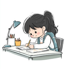 A young girl diligently studying at her desk with a lamp