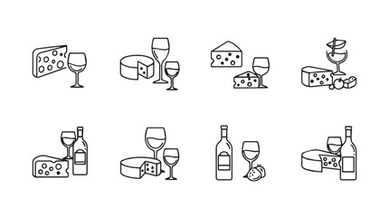 Collection of hand drawn cheese and wine pairings in a simple silhouette style