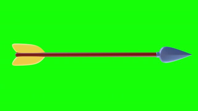 Wood arrow rotate on green screen background. 3d animation cartoon medieval weapon element for game or business.