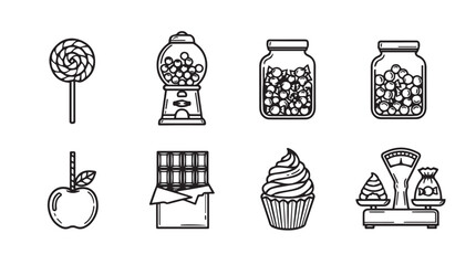 Collection of sweet treats and candies in a simple silhouette style