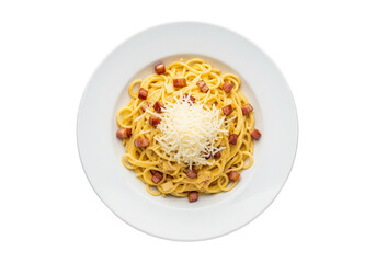 Authentic Spaghetti Carbonara: Creamy Pasta with Crispy Bacon/Pancetta and Grated Cheese, Served on a White Plate. Overhead Shot Isolated on White Background.