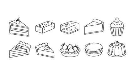 Collection of desserts and cakes in a simple line drawing silhouette style