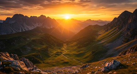 Vibrant mountain landscape under orange sun, natural beauty