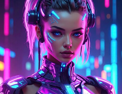 Futuristic Female Avatar in Neon Holographic Environment - Powered by Adobe