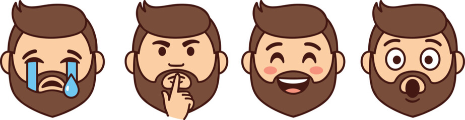 Bearded man face emojis, cartoon character emotions, happy sad surprised funny expressions, vector illustration, cute bearded guy emoticons set