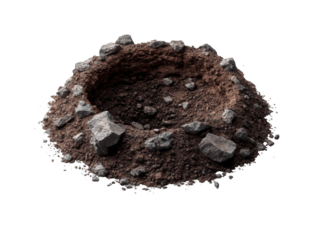 Excavation site with rock debris soil and gravel natural environment top view isolated on transparent background, png
