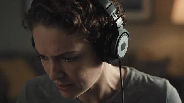 Woman with curly hair wearing headphones, focused on listening. Suitable for music, podcast, or audiobookrelated designs and content creation.