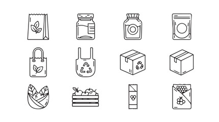Collection of various product packaging and containers in a simple sketchy silhouette style