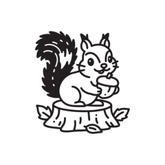  Cheerful Baby Squirrel Hugging Acorn on Tree Stump with Leaves.
